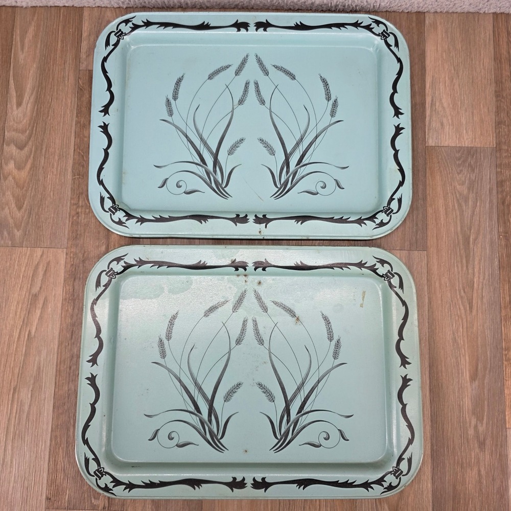 Vintage Metal Serving Trays Set of 2 Aqua Blue Wheat Design‎ Retro Kitchen MCM